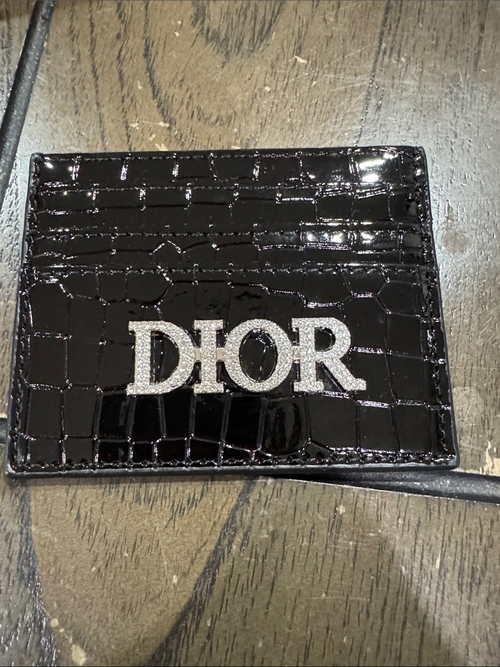 Black Patent Croc-Embossed Card & Key Holder with Crystal DIOR Logo